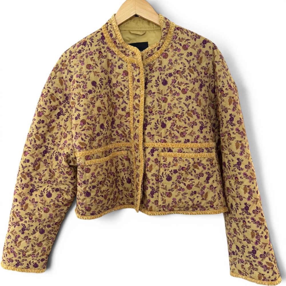 7 For All Mankind Womens Quilted Jacket Large Yellow Floral cottagecore Cropped
